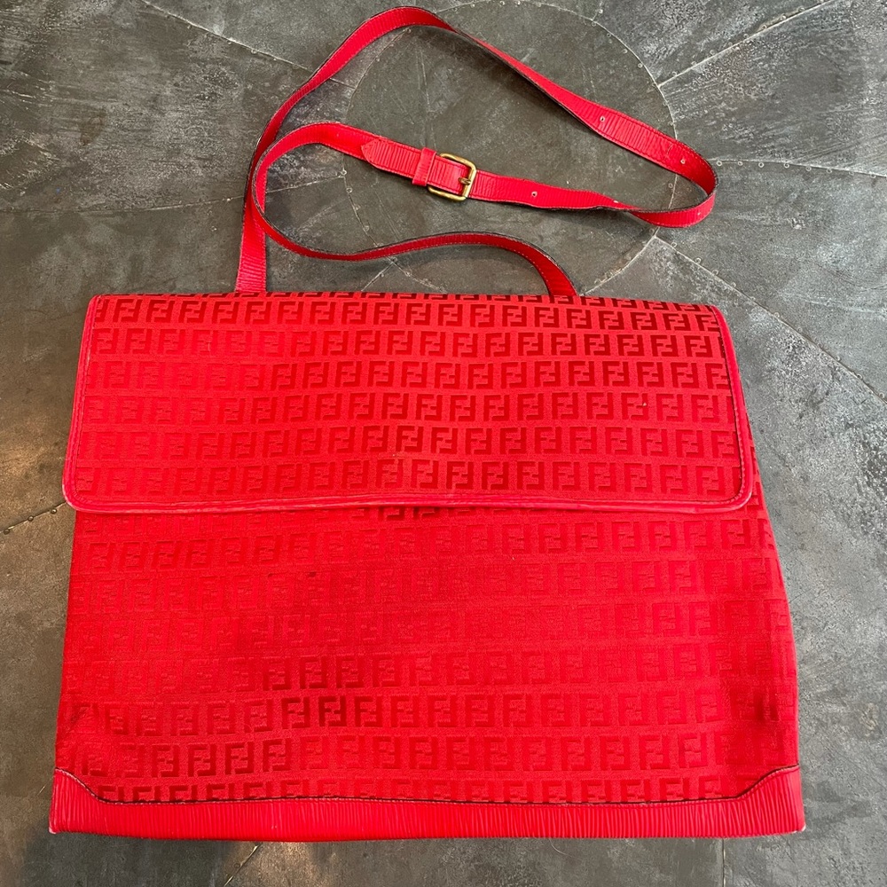 Rare Vintage Red Fendi Zucchino Large Crossbody - Picture 2 of 12